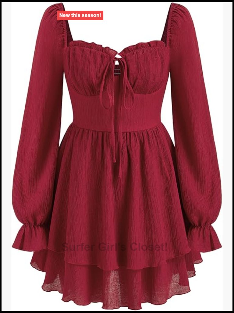 Corduroy Mini Dress Square Neck Long Sleeve Ruffle Hem Tiered